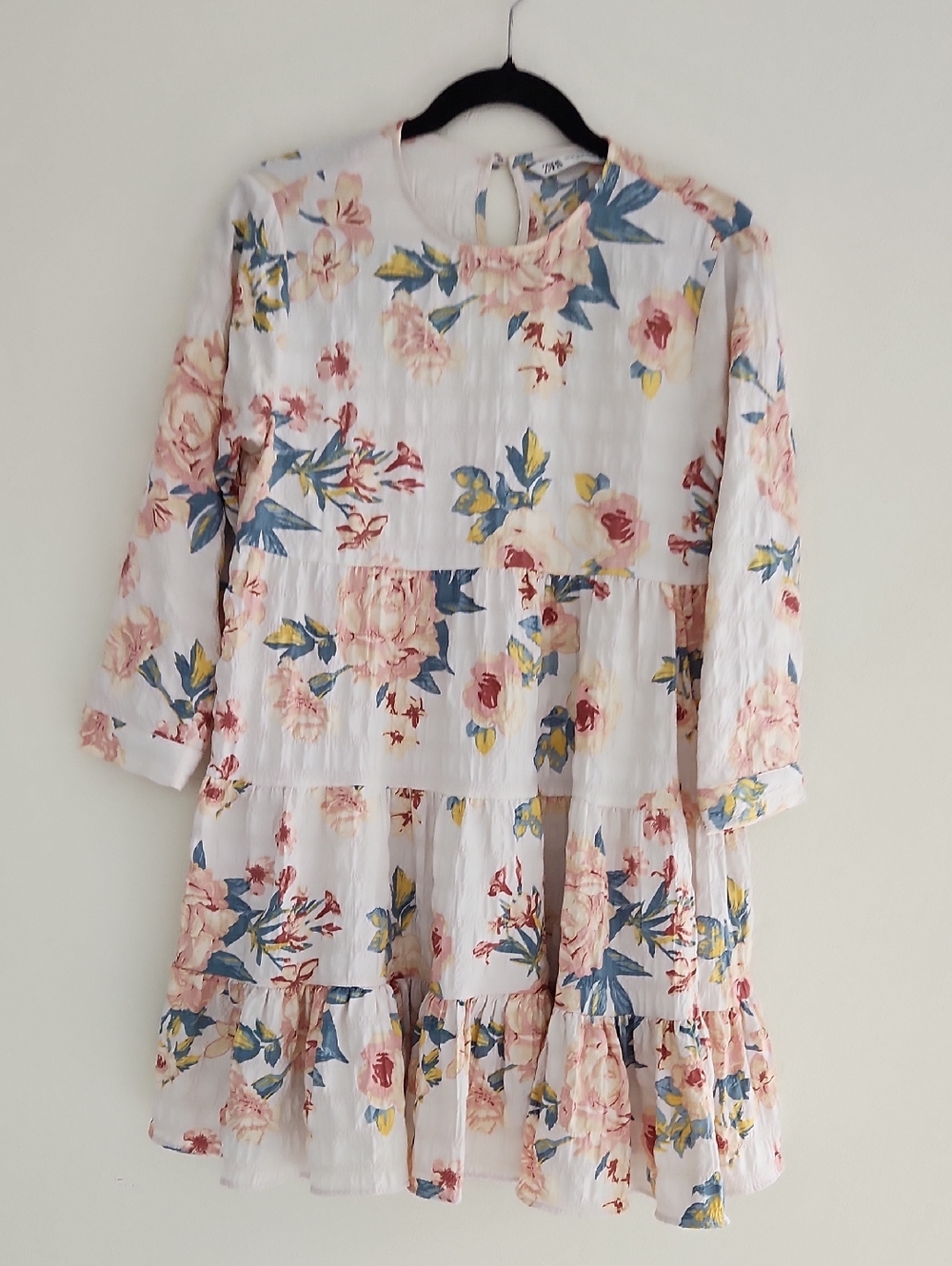 Zara Girls White Floral Tiered Dress with Pink & Blue Flowers